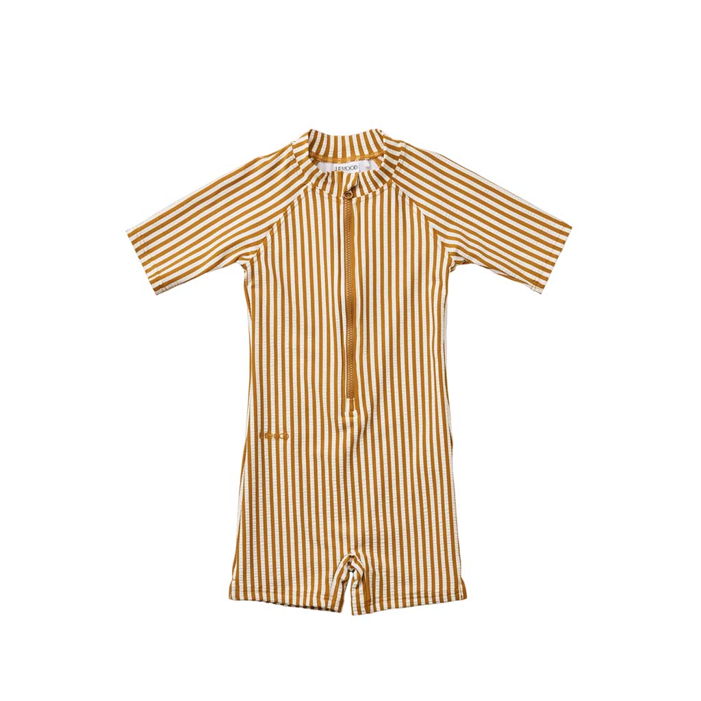 Max Seersucker Swim Jumpsuit, Stripe: Golden caramel/White
